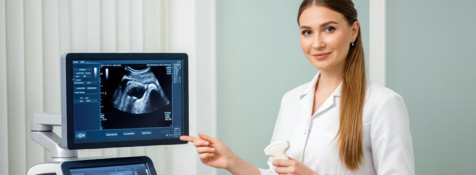 Female medical professional demonstrating ultrasound equipment